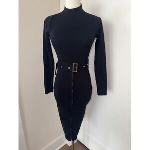HERA COLLECTION‎ Black Ribbed Turtleneck Zip Front Midi Sweater Dress  Size S